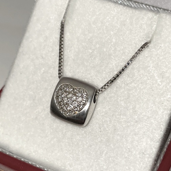 Solid Stamped 18K (not 14K ) White Gold Diamond Pave Modern Heart Necklace - Picture 8 of 16